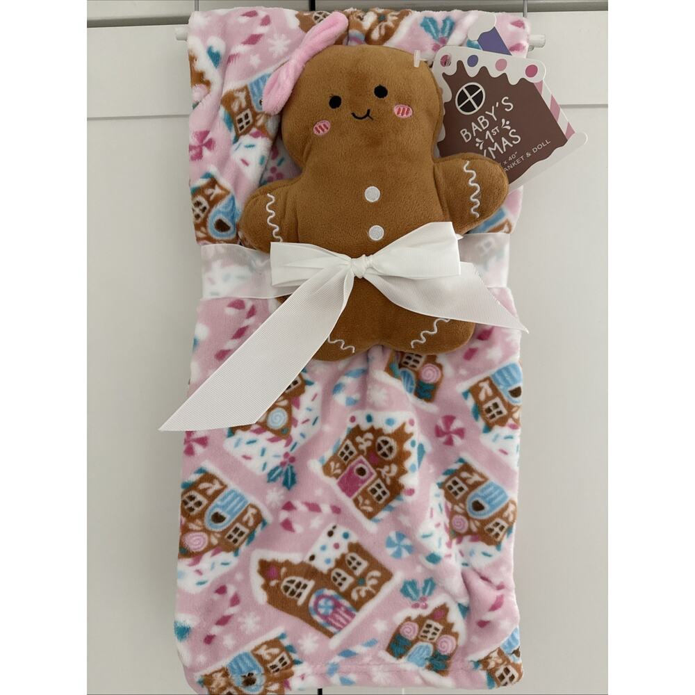 Gingerbread Baby Blanket & Plush Toy Doll Pillow 2Pc Gift Set My First Christmas